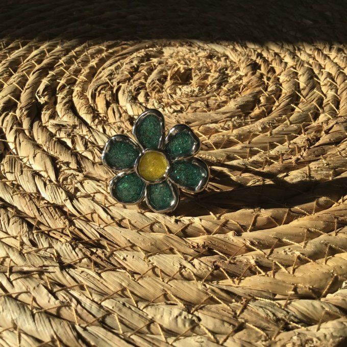 bague fleur étincelante verte/jaune