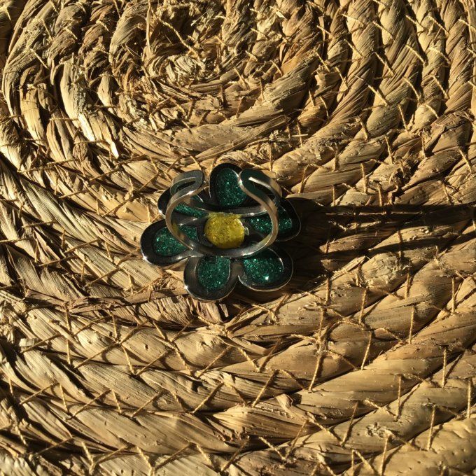 bague fleur étincelante verte/jaune