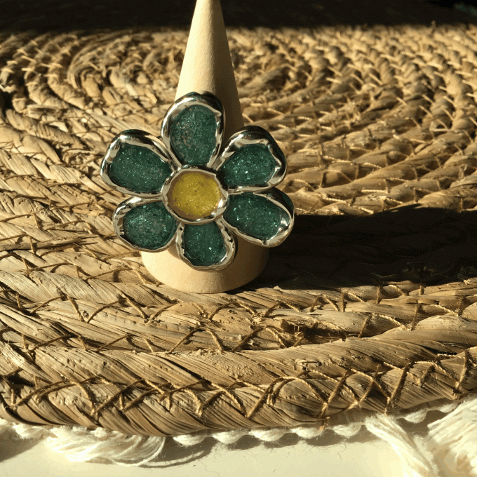 bague fleur étincelante verte/jaune